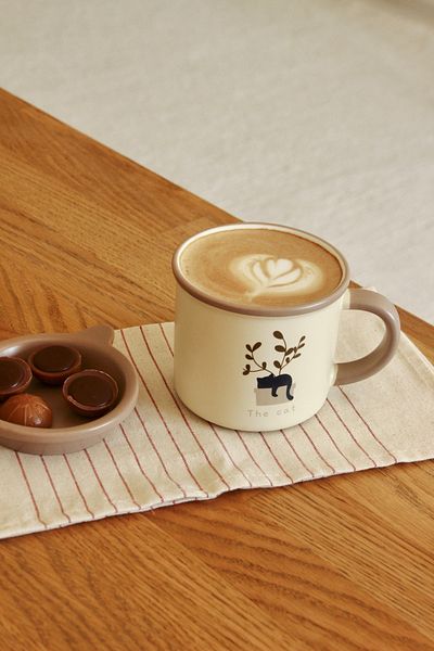Nova Crafts Minimalist Cat Figured Plate Shaped Lid Beige Mug Cup