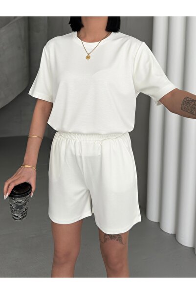 BE CHİC Women's Modal Fabric Oversize Sleeve Tshirt and Shorts 2-Piece Set Tkm9812