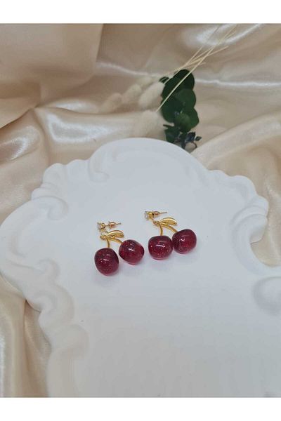 ZEYM Cherry Figured Dangle Earrings – Gold Color & Bright Burgundy Resin Detail