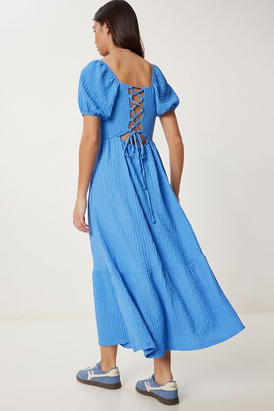 Lovelyİstanbul Rochie tricotată de vară texturată cu decolteu inimă ALBASTRU LUB0010