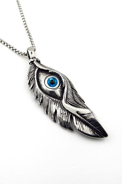 Solfera Evil Eye Beaded Eye Eagle Luck Feather Totem Titanium Steel Men's Necklace Q0973