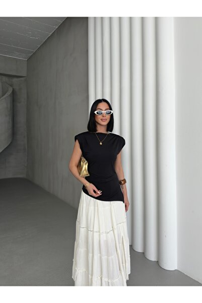 BE CHİC Women's Boat Neck Asymmetric Cut Slit Detail Volume Sleeveless Stylish Bluz Mnn4432