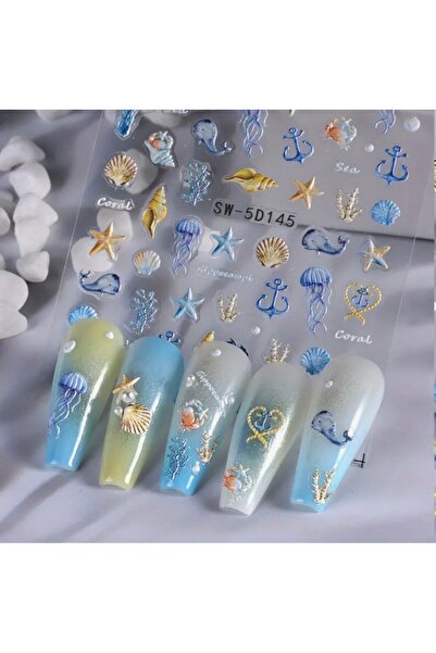 AEÇTASARIM 5D Kabartmalı Deniz Hayatı Tırnak Süsleme Stickerları, Nail Art Süslemeleri