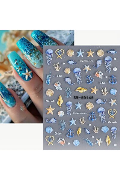 AEÇTASARIM 5D Kabartmalı Deniz Hayatı Tırnak Süsleme Stickerları, Nail Art Süslemeleri