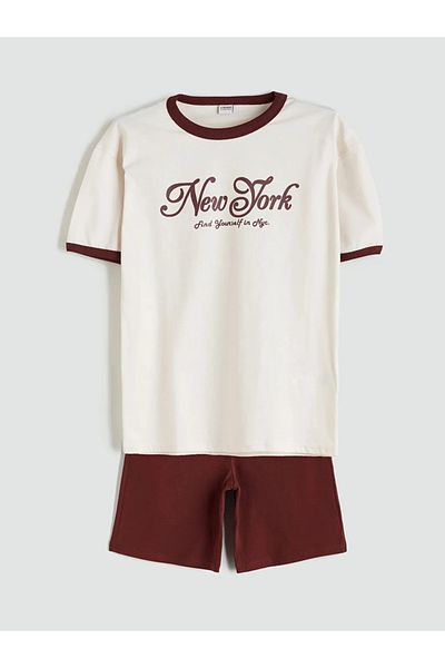 LC Waikiki Lcw Kids Beige Crew Neck New York Printed Boys T-Shirt and Shorts