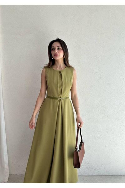mafdress Γυναικείο βραδινό φόρεμα αποφοίτησης με λαιμόκοψη με λεπτομέρεια με ζώνη χακί