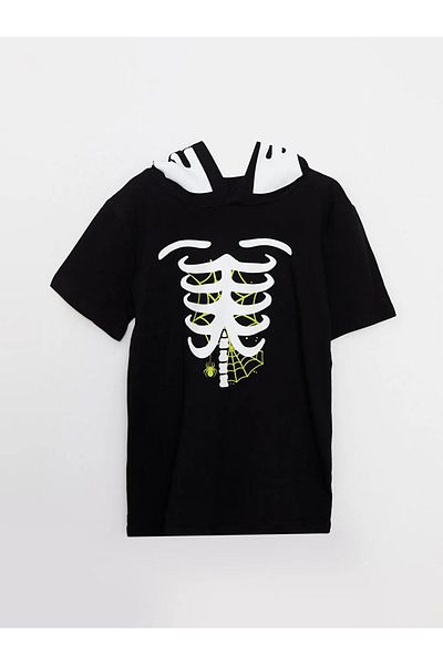 LC Waikiki Lcw Kids Black Hooded Printed Short Sleeve Boys T-Shirt and Sweatpants