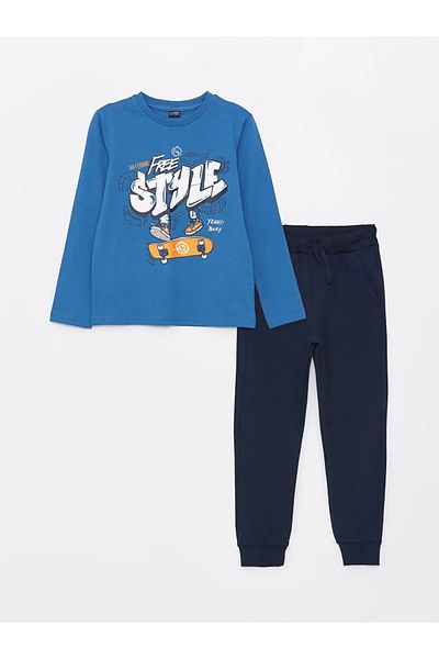 LC Waikiki Lcw Kids Blue Crew Neck Printed Long Sleeve Boys T-Shirt and Sweatpants