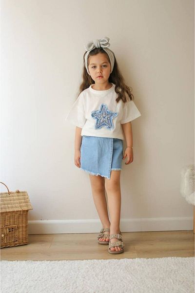 MİA SHİNE S Girl's Tshirt and Denim Shorts Skirt Combination Set