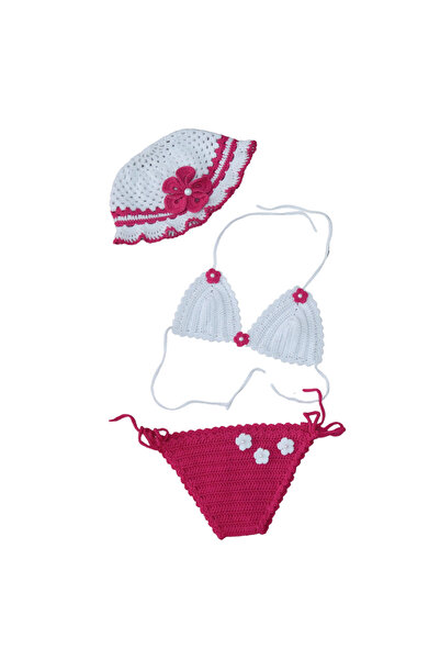 Aykır ı Bebe 1,5-2 Yaş El Örgüsü İnci Çiçekli Kız Çocuk 3'lü Bikini Seti