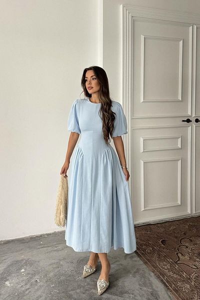 JANES Μπλε λινό φόρεμα με δεμένο πίσω μέρος