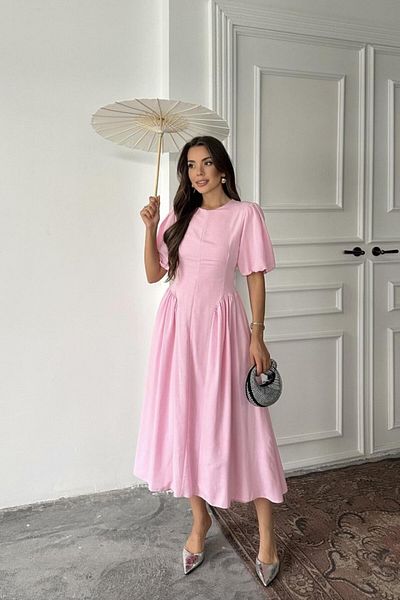 MRA Fashion Pink Back Tie Gathered Linen Dress
