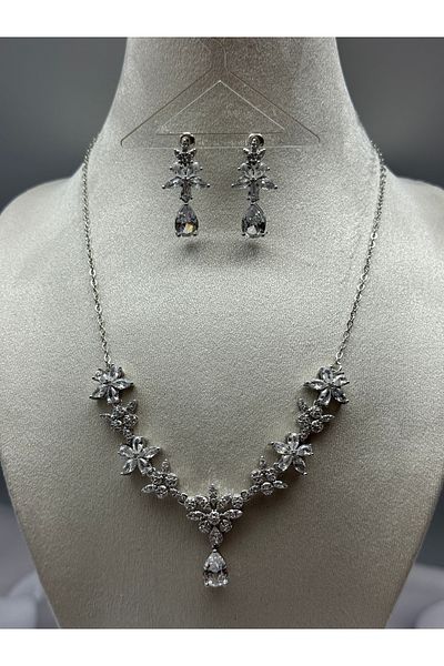 HADRA ACCESSORİES Flower Model Zircon Evening Dress Necklace Earring Set Bridal Jewelry Set Engagement Set Wedding Set