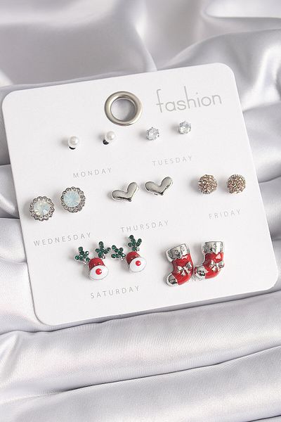 merland benvecocuk Brass Silver Color 7 Pairs Zircon Stone New Year Themed Women's Earring Set - Lisinya