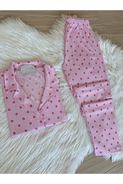Pijamacs Red Heart Pattern on Pink Pegasus Short Sleeve Pajama Set