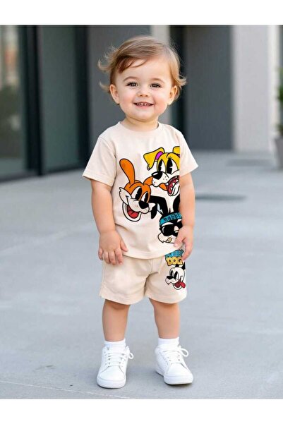 VESTIR BIEN Set pentru copii, cu imprimeu câine pufos, de vară, bej, 100% bumbac