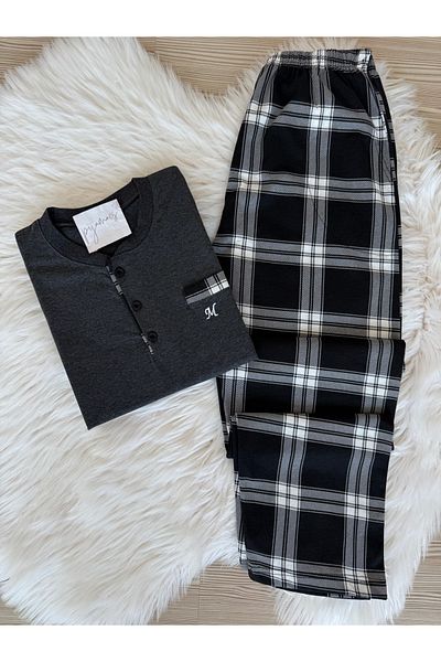 Pijamacs Anthracite Plaid Patterned Pocket Detailed Cotton Short Sleeve Men's Pajama Set