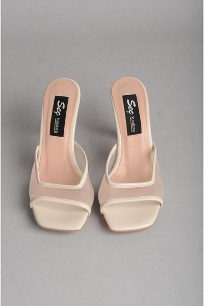 SEÇ KUNDURA Seç 8302 Tul Detatyli Heel Slippers (Heel Height: 10 cm) Beige Patent Leather