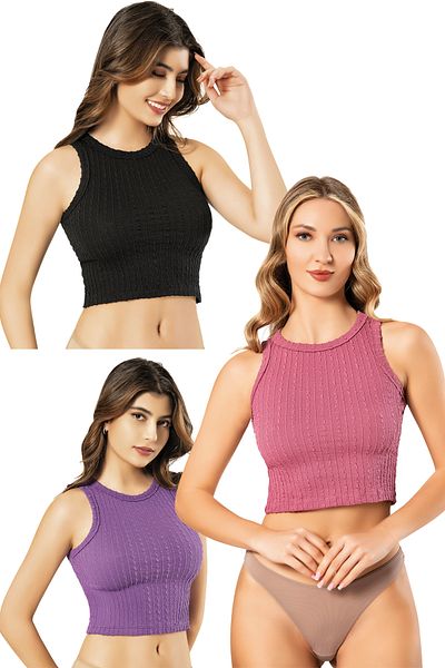 CHC Chocho Women's Knitted Detailed 3-Piece Crop Set