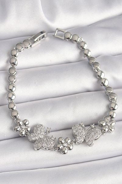 merland benvecocuk Brass Silver Color Zircon Stone Butterfly Figure Flower Chain Model Women's Bracelet - Lisinya