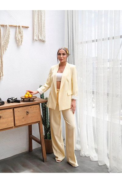 CELITA Women's Lining Striped Sleeve Fold Detailed Jacket Pants Set
