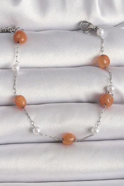 merland benvecocuk 316L Steel Silver Color Orange Natural Stone Model Pearl Detail Women's Bracelet - Lisinya