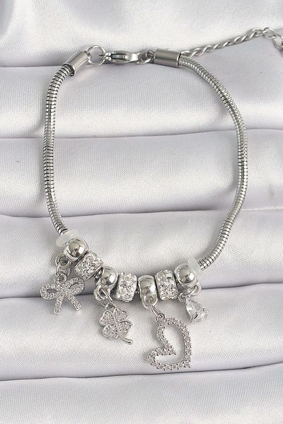 merland benvecocuk Brass Silver Color Chain Dangle Zircon Stone Heart Figure Clover Detail Women's Bracelet - Lisinya