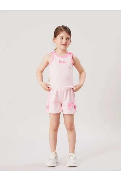LC Waikiki Lcw Kids Barbi Printed High Cotton Girls' Tank Top and Elastic Waist Shorts Bottom-Top Set