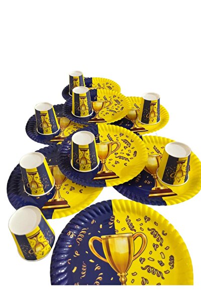 partyrüyası Yellow Navy Blue Trophy Themed 16-Person Birthday Set with Streamers Mod1