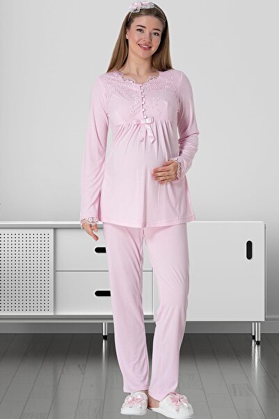 By Mecit Pijama Women's Long Sleeve Buttoned Maternity Pajama Set