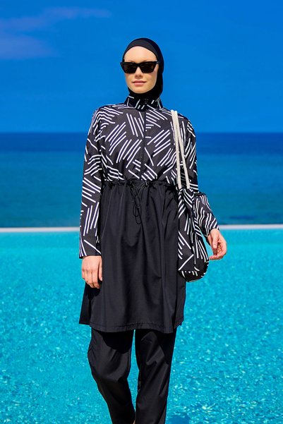 A Andalus Black Hijab Swimsuit 4 Piece Suit with Bag, Water Repellent R2509