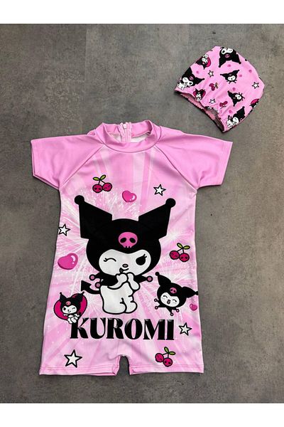 ARBİ kids Girls' Kuromi Pink Jumpsuit Boneli Swimsuit