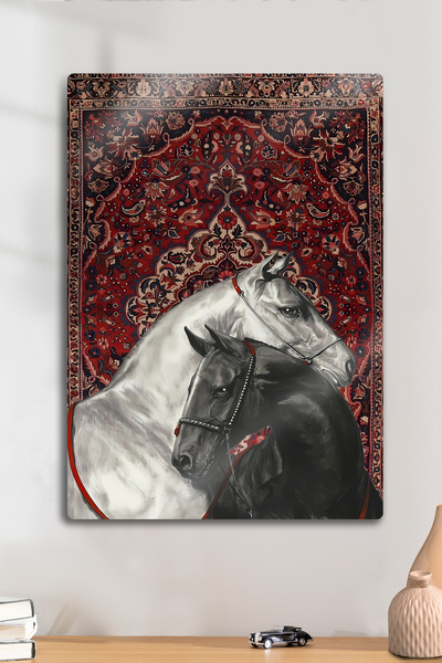 DekorHane Imprimare metalică - Pictură decorativă de cal cu model de covor, design artistic, birou acasă fără cadru