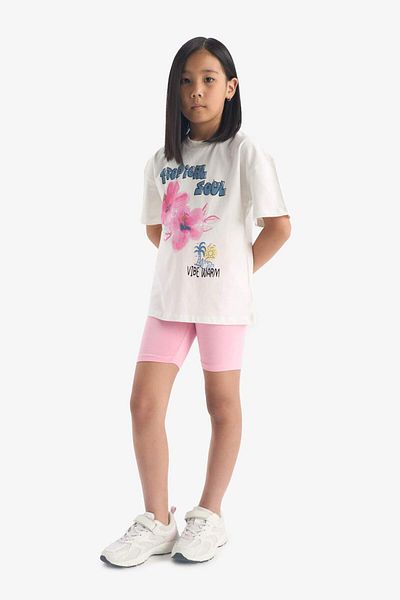 DeFacto Girls' 2-Piece Set Printed Short-Sleeved T-Shirt Biker Leggings E4757A825Sm