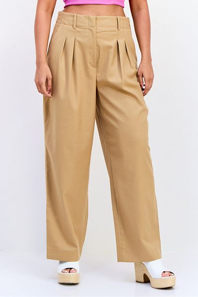 Esprit Women Regular Fit Plain 30 Length Wide Leg Pants, Tan