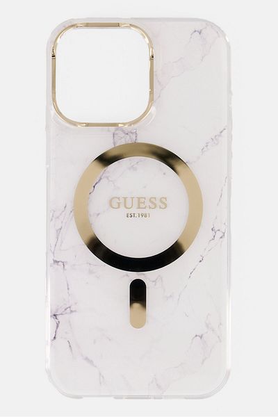 Guess iPhone 16 Pro Max Marble Print Hard Phone Case, White