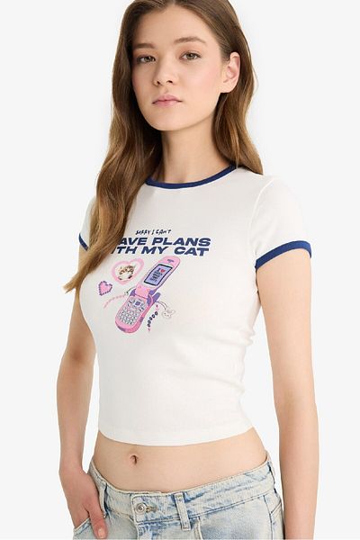 DeFacto Tricou cu mânecă scurtă cu nervuri imprimate cu decolteu rochie Coool F4792AX25SM