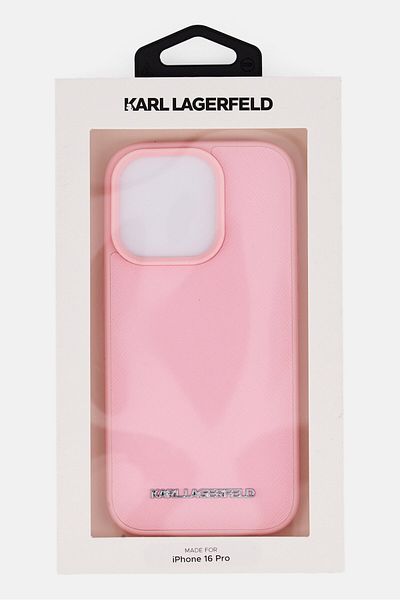 Karl Lagerfeld غطاء حماية صلب من جلد سافيانو بشعار معدني ممدود لهاتف iPhone 16 Pro، لون وردي