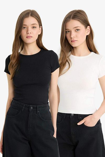 DeFacto Coool Fitted Basic Plain 2'li Ribbed Kurzarm-T-Shirt F6303ax25sm
