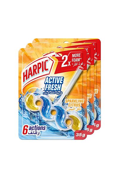 Harpic Active Fresh Toilet Cleaner Rim Block Sparkling Citrus 35 g 2+1