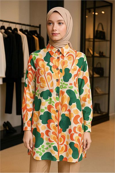 TRENDTESETTÜR Women's Green (Emerald) Patterned Shirt Tunic t 5888