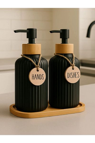 keyfisepet en keyifli sepet Set of 2 Black Porcelain Liquid Soap Dispenser with Bamboo Stand and Pendant 500ml Pump