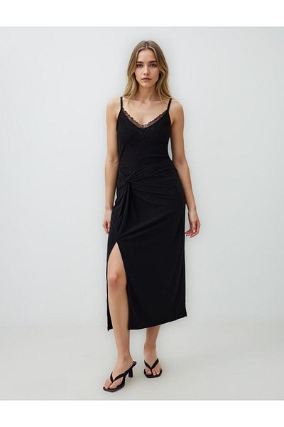 Jimmy Key Black Regular Waist Straight Cut Long Knitted Skirt