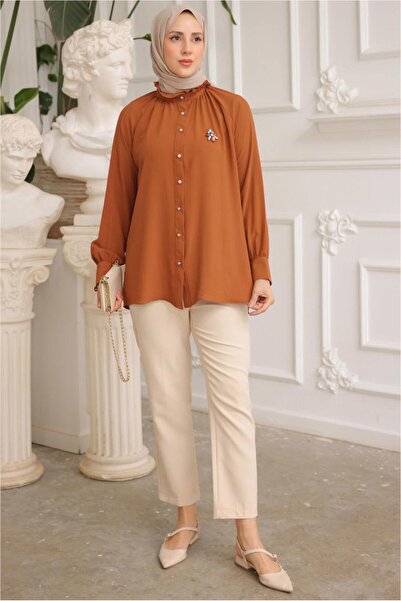 TRENDTESETTÜR Women's Brown (Tile) Brooch Detail Shirt Tunic t 93616