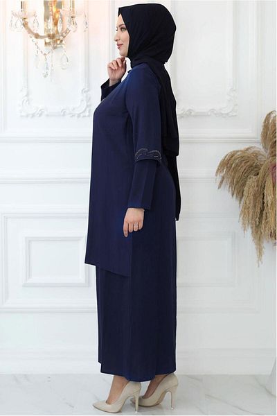 TRENDTESETTÜR Women's Dark Blue Stone Embroidered Evening Dress t 7321