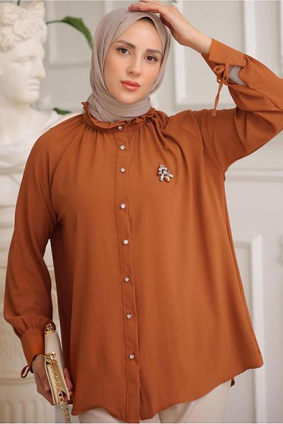 TRENDTESETTÜR Women's Brown (Tile) Brooch Detail Shirt Tunic t 93616
