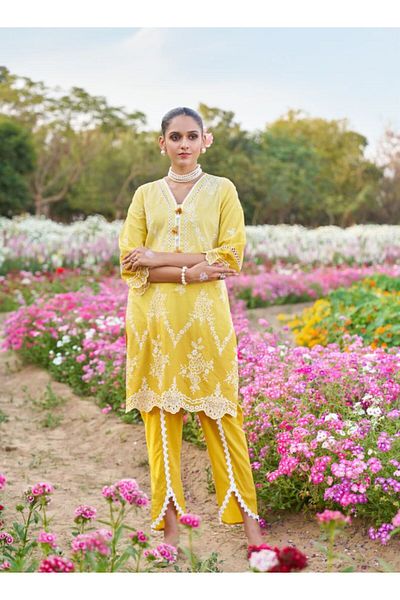 HashtagBe Yellow Embroidered Co-ord Set. Elegant & Festive Ethnic Wear