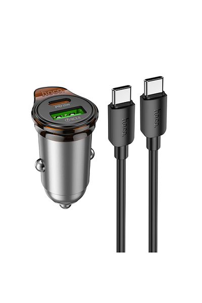 REDz Accessories Car Charger Set iPhone 15/16 and Android, Hoco NZ16A + Type-C Cable 1M, Fast Charging 43W, Gray