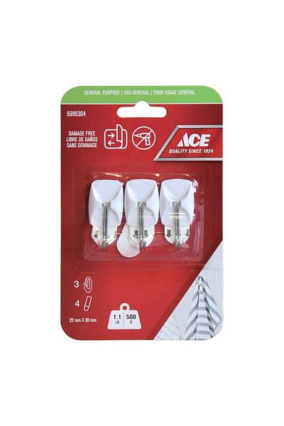 Generic خطاف لاصق متعدد الأغراض خالٍ من التلف من ACE، مكون من 3 قطع مع شرائط، أبيض 2.2 × 3 سم