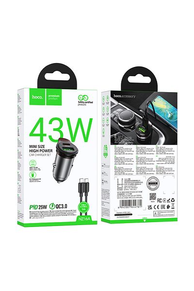 REDz Accessories Car Charger Set iPhone 15/16 and Android, Hoco NZ16A + Type-C Cable 1M, Fast Charging 43W, Gray